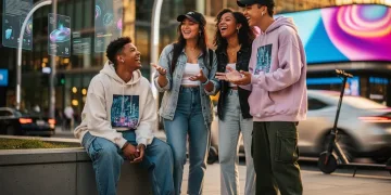 Diverse teenagers laughing, representing modern friendships in a vibrant 2026 urban landscape.