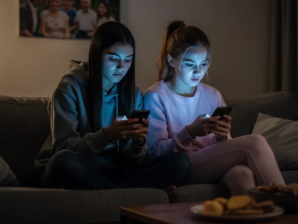 Teenagers using phones, representing digital communication within contemporary friendships.