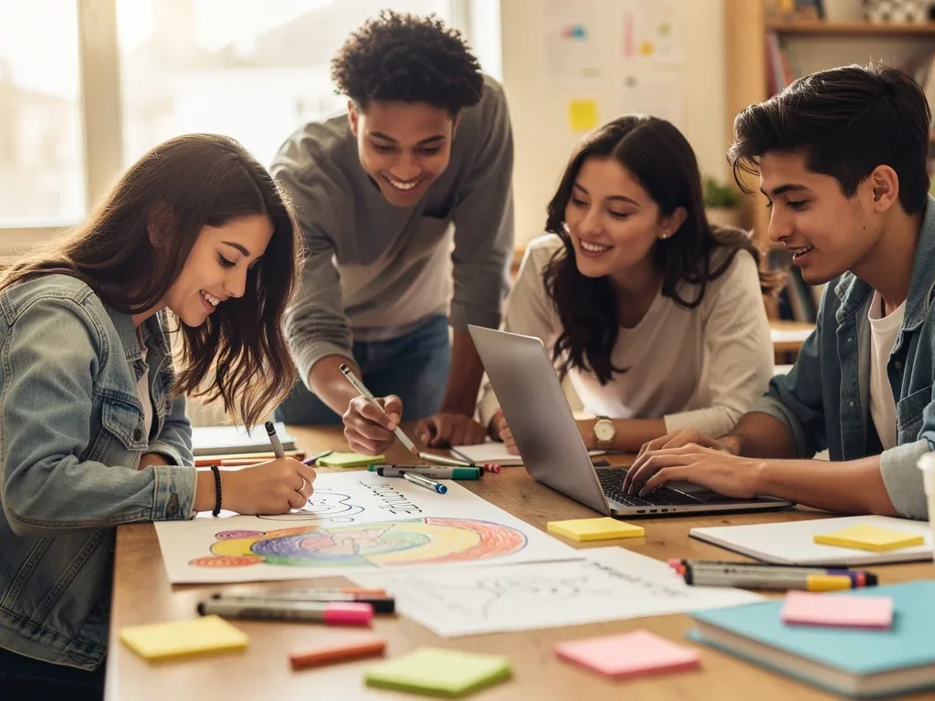 A diverse group of teenagers collaborating together, representing supportive friendships.