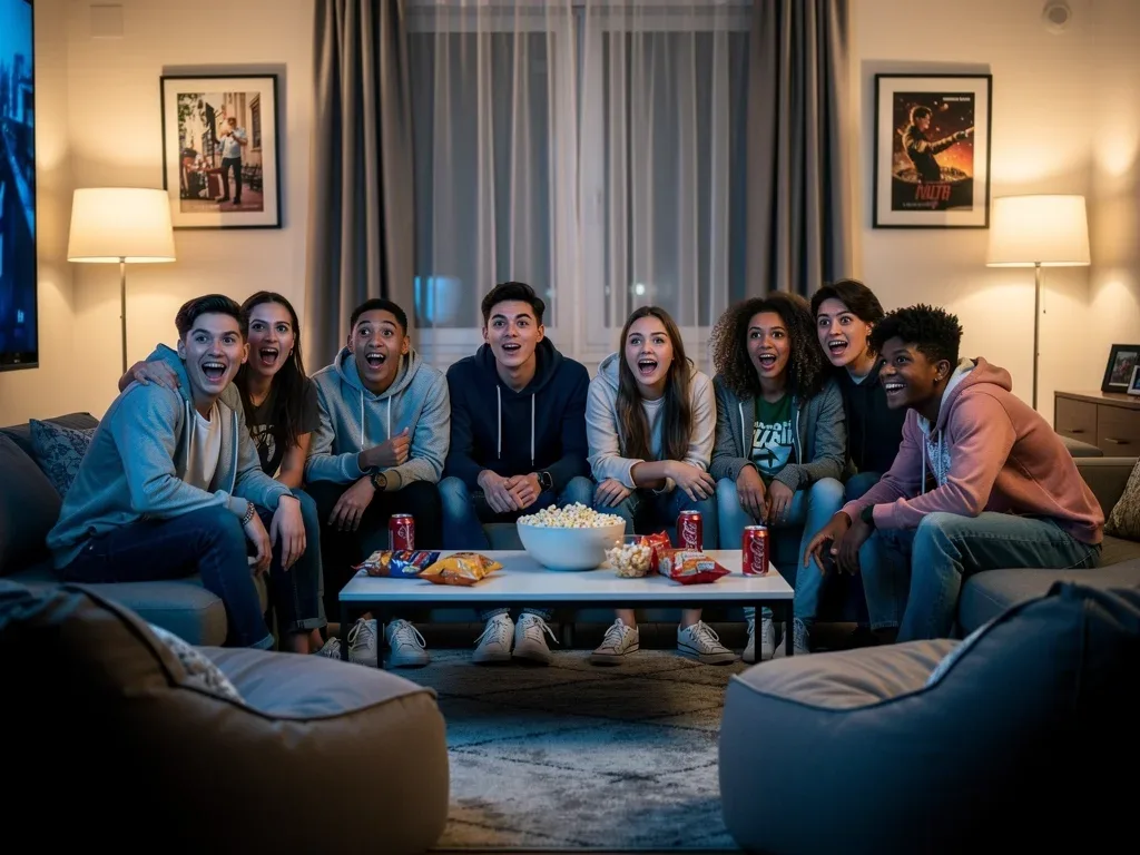 American teenagers engrossed in watching an international teen drama, reacting to an intense scene.
