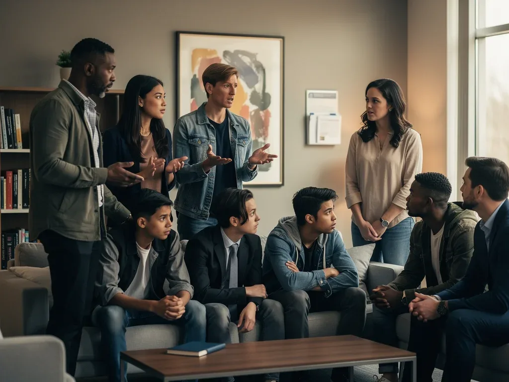 Parents and teens discussing in a modern home, reflecting 2026 YA drama family dynamics.