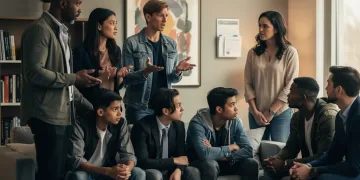 Parents and teens discussing in a modern home, reflecting 2026 YA drama family dynamics.