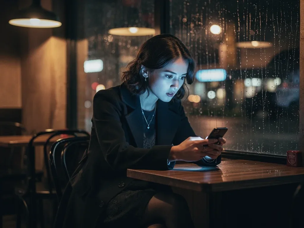 Teenager engrossed in smartphone in a dimly lit cafe, symbolizing neo-noir teen drama.
