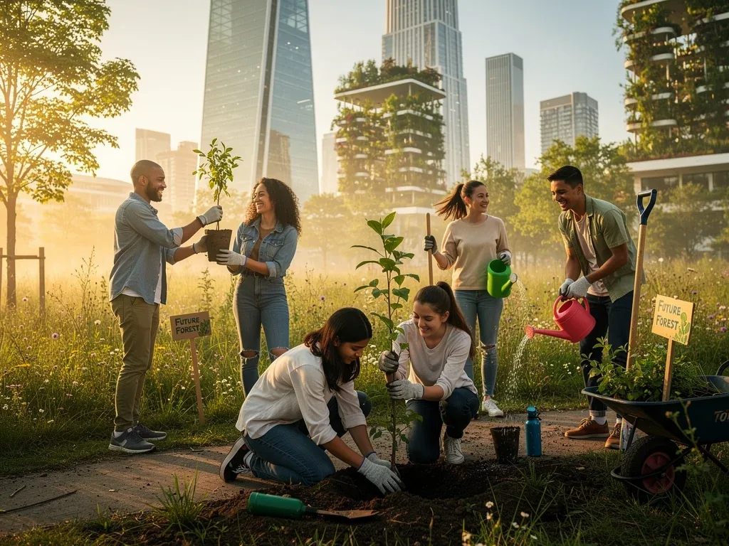 Teenagers planting trees in an urban park, representing eco-anxiety teen drama.