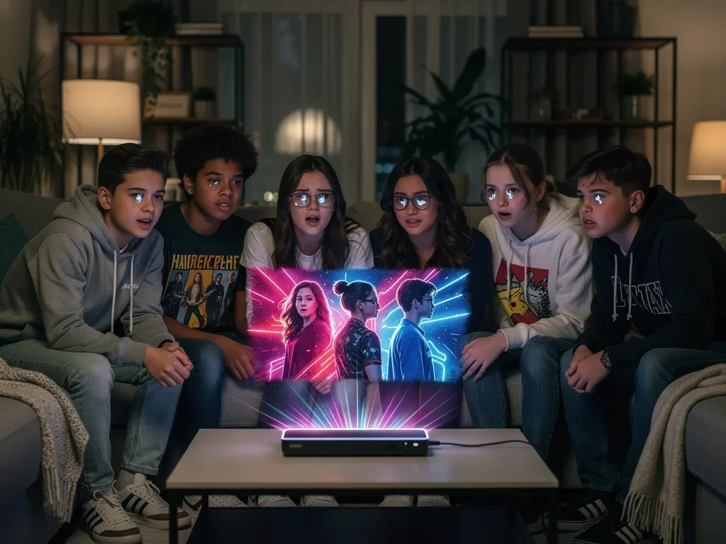 Diverse teens watching futuristic streaming teen drama, reflecting evolving viewer habits in 2026.