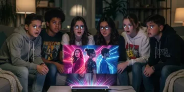 Diverse teens watching futuristic streaming teen drama, reflecting evolving viewer habits in 2026.