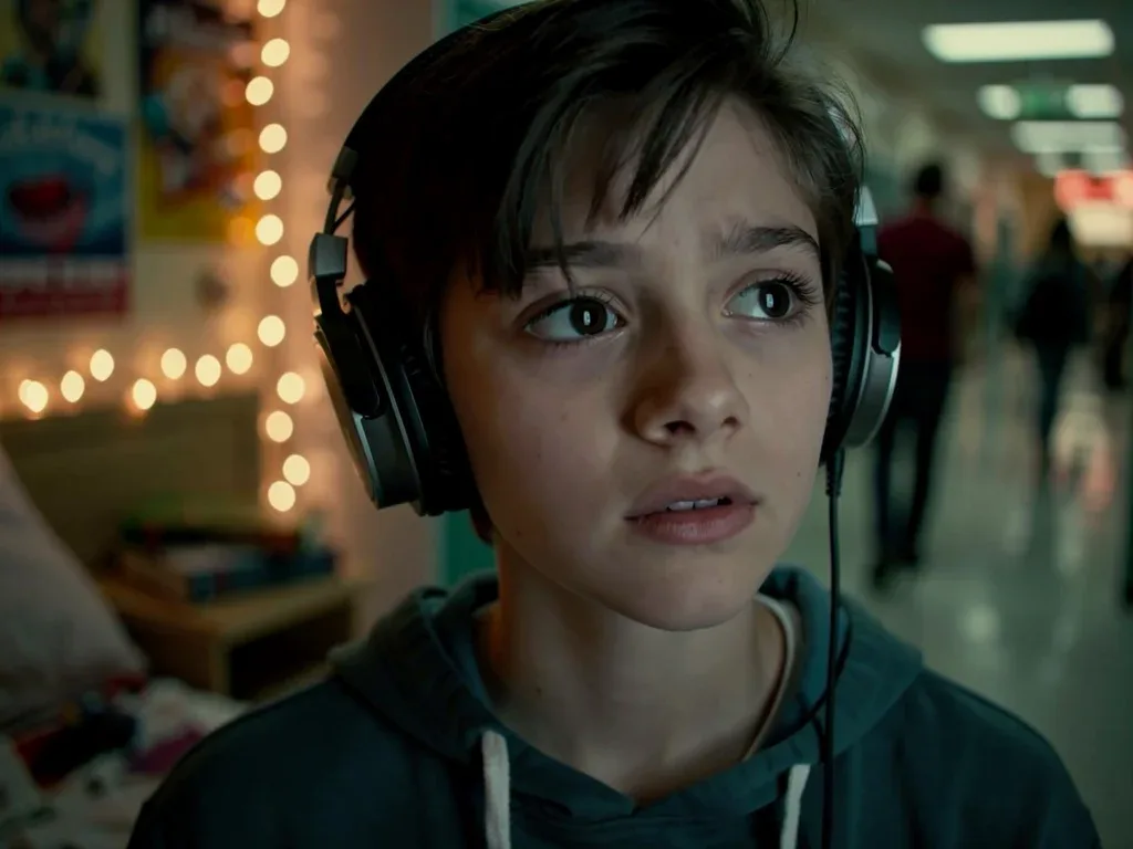 Teen character listening intently to music, symbolizing the emotional connection to teen drama soundtracks.