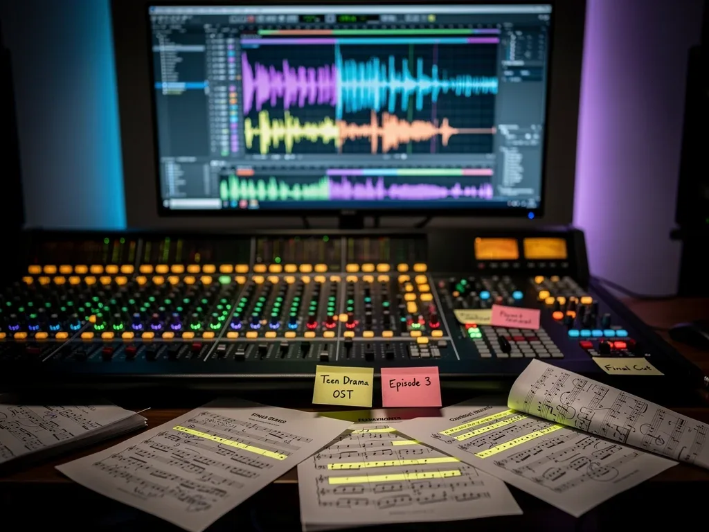 Professional audio mixing board used in the creation of a captivating teen drama soundtrack, highlighting production quality.