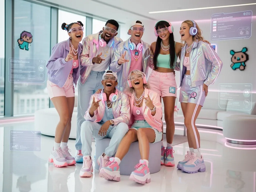 Friends modeling Digital Dreamcore fashion, inspired by young adult series.