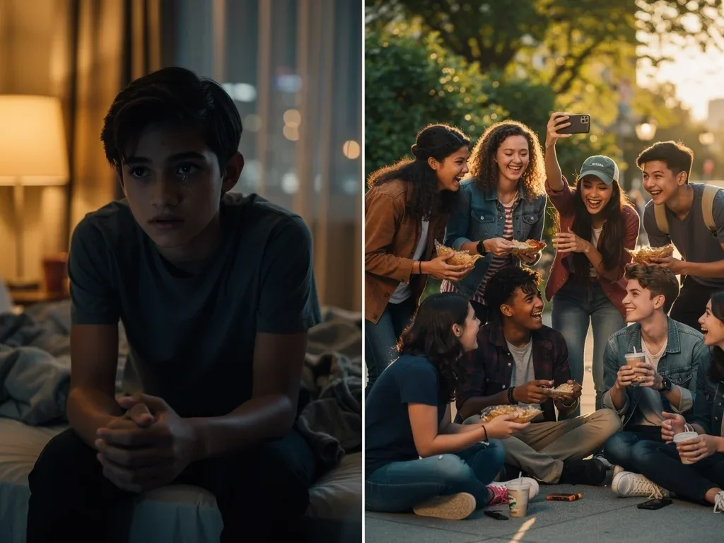Split-screen: emotional vulnerability and casual friendship, reflecting authentic teen drama portrayals.