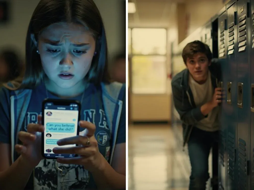 Teen drama character reacting to social media post, illustrating plot development