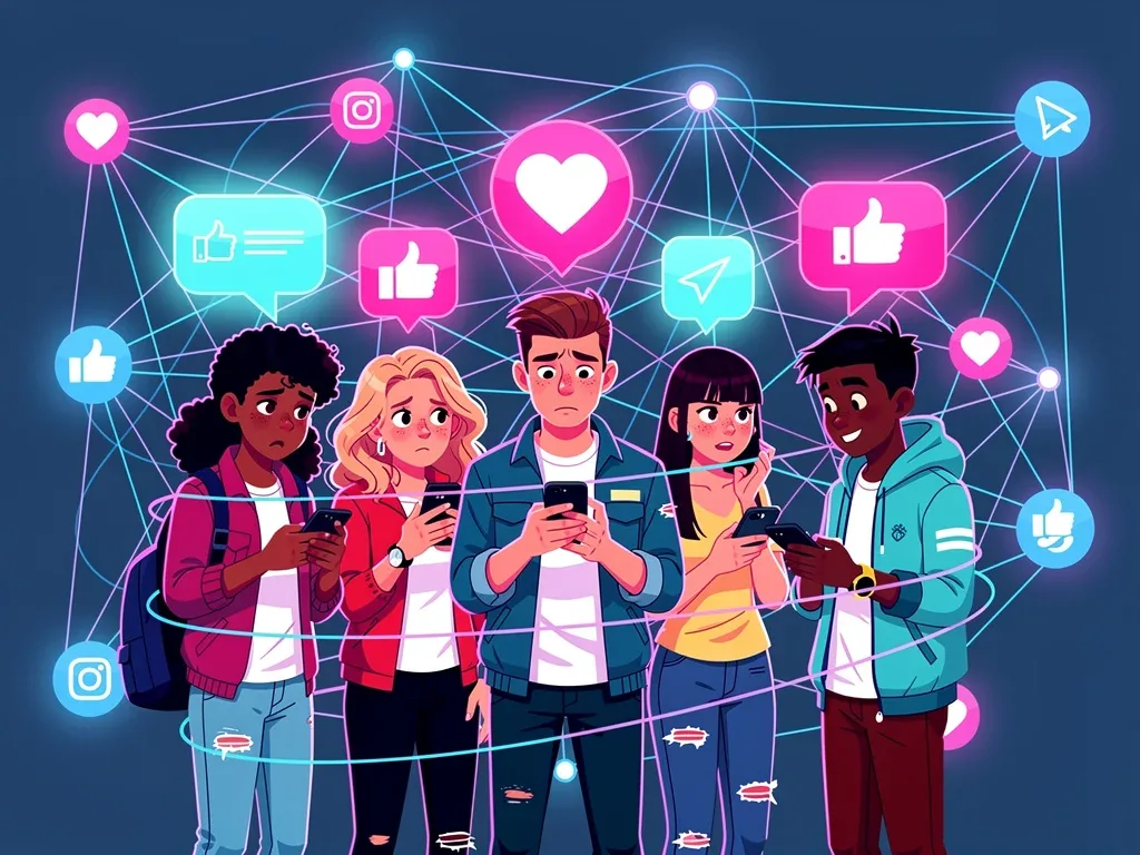 Interconnected social media icons surrounding teenagers, symbolizing digital influence on relationships