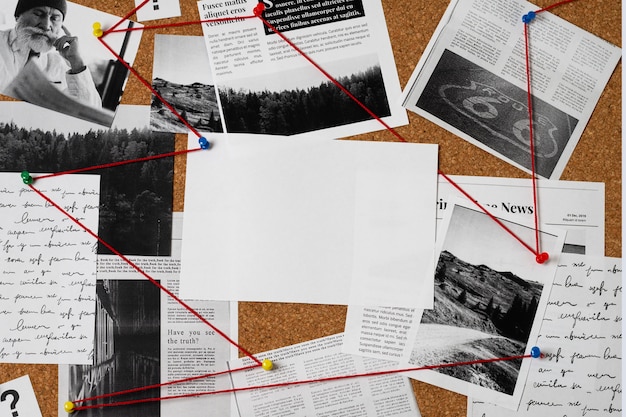 A collection of research materials including crime scene photos, legal documents, and news articles spread across a table, showing the depth of research often involved in creating true crime dramas.