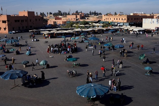 A high-angle shot of a bustling street market in Marrakech, Morocco, with police officers discreetly observing the crowd. The scene is filled with vibrant colors and exotic details, highlighting the unique cultural backdrop against which a potential crime drama could unfold. The image evokes a sense of mystery and intrigue.