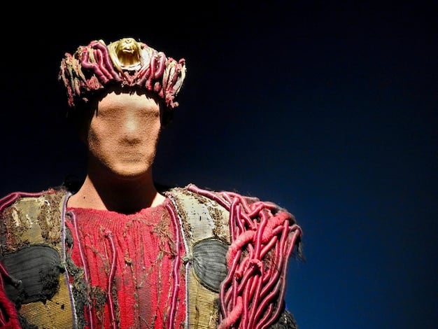 A close-up shot of a character's costume in a period drama, focusing on the intricate detailing of the fabric, embellishments, and accessories. The image highlights the craftsmanship and attention to detail that goes into creating authentic costumes.