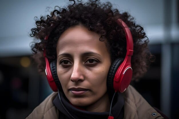 A close-up shot of a viewer watching a period drama with headphones on, deeply engrossed in the experience. The lighting and composition emphasize the immersive effect of the music on their emotional state.