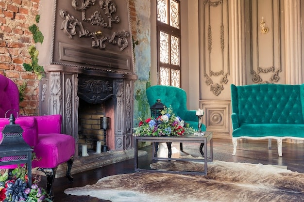 Interior shot of a lavishly decorated Victorian-era drawing room. Intricate wallpaper, ornate furniture, and carefully selected props create an atmosphere of wealth and sophistication. Soft, diffused lighting enhances the period feel and highlights the attention to detail in the set design.