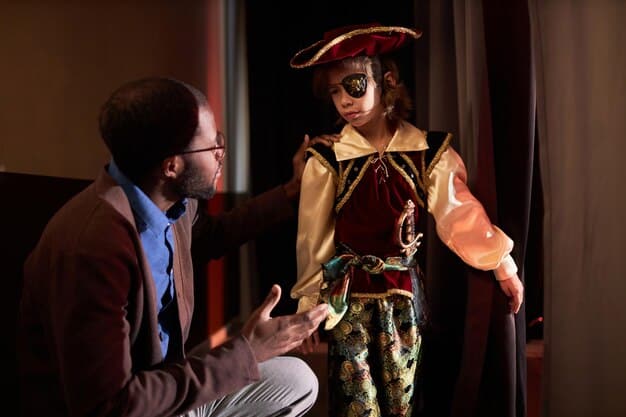 Two actors in period costumes engaged in a tense conversation on a dimly lit set. Their facial expressions and body language suggest a conflict or disagreement.