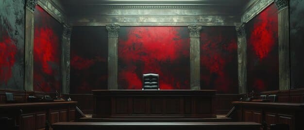 A split-screen image showing a realistic courtroom scene on one side and a dramatically lit, exaggerated courtroom scene from a legal drama on the other side.