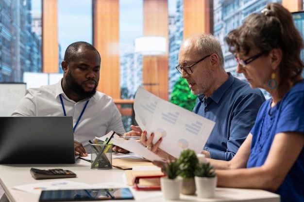 A diverse team of hospital administrators collaborating around a conference table, reviewing data on patient satisfaction surveys and discussing strategies for improvement. The scene is set in a modern conference room within a hospital.