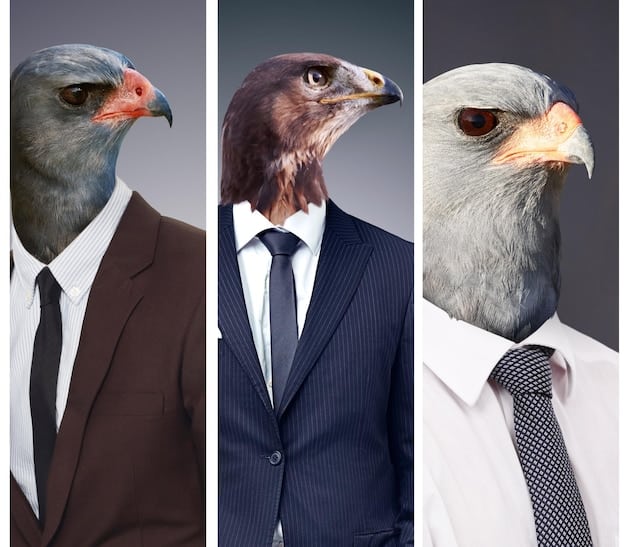 A collage contrasting a heroic, confident lawyer from a legal drama with a more average-looking and less polished real-life lawyer. The collage highlights the differences in appearance and demeanor.