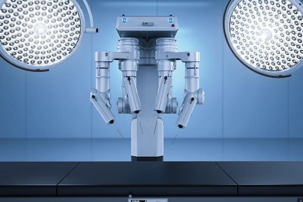 A robotic surgical arm operating on a patient, with a surgeon monitoring the procedure from a console. The scene should emphasize the advanced technology and sterile environment.