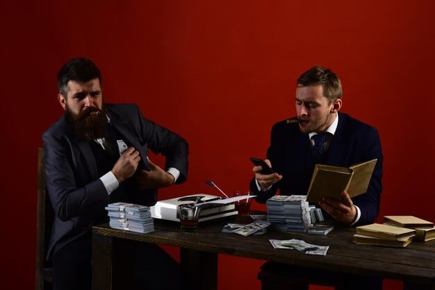 A split image showing a lawyer in a courtroom on one side and bags of money on the other, symbolizing the conflict between justice and financial gain.