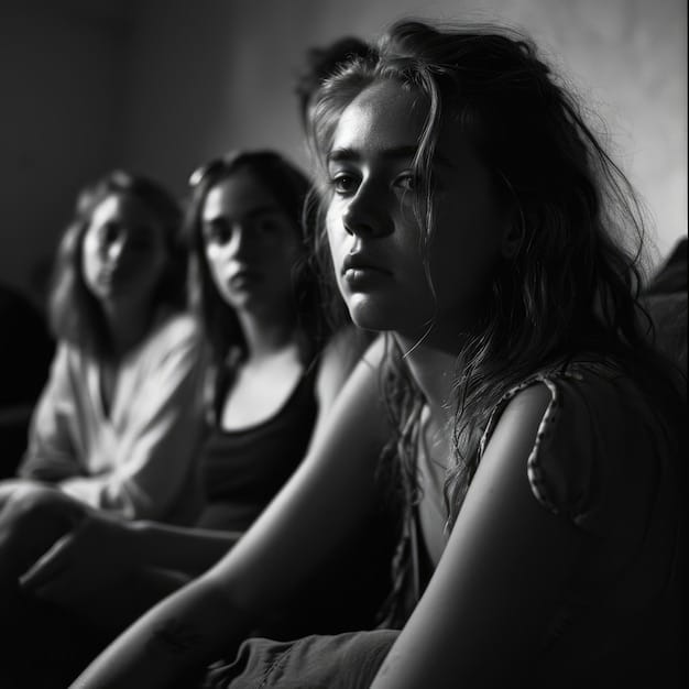 A black and white photo of a group of teenagers sitting in a dimly lit diner, looking pensive and introspective, reflecting the emotional depth often found in teen dramas.
