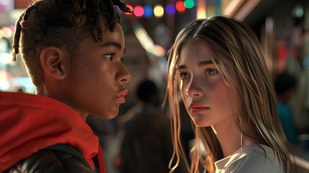A close-up shot of two characters in a teen drama sharing a vulnerable moment, possibly a confession or a reconciliation after a conflict. The lighting is soft and the expressions are emotional.