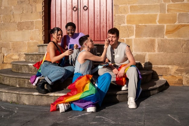 A supportive group of high school friends attending an LGBTQ+ pride event.